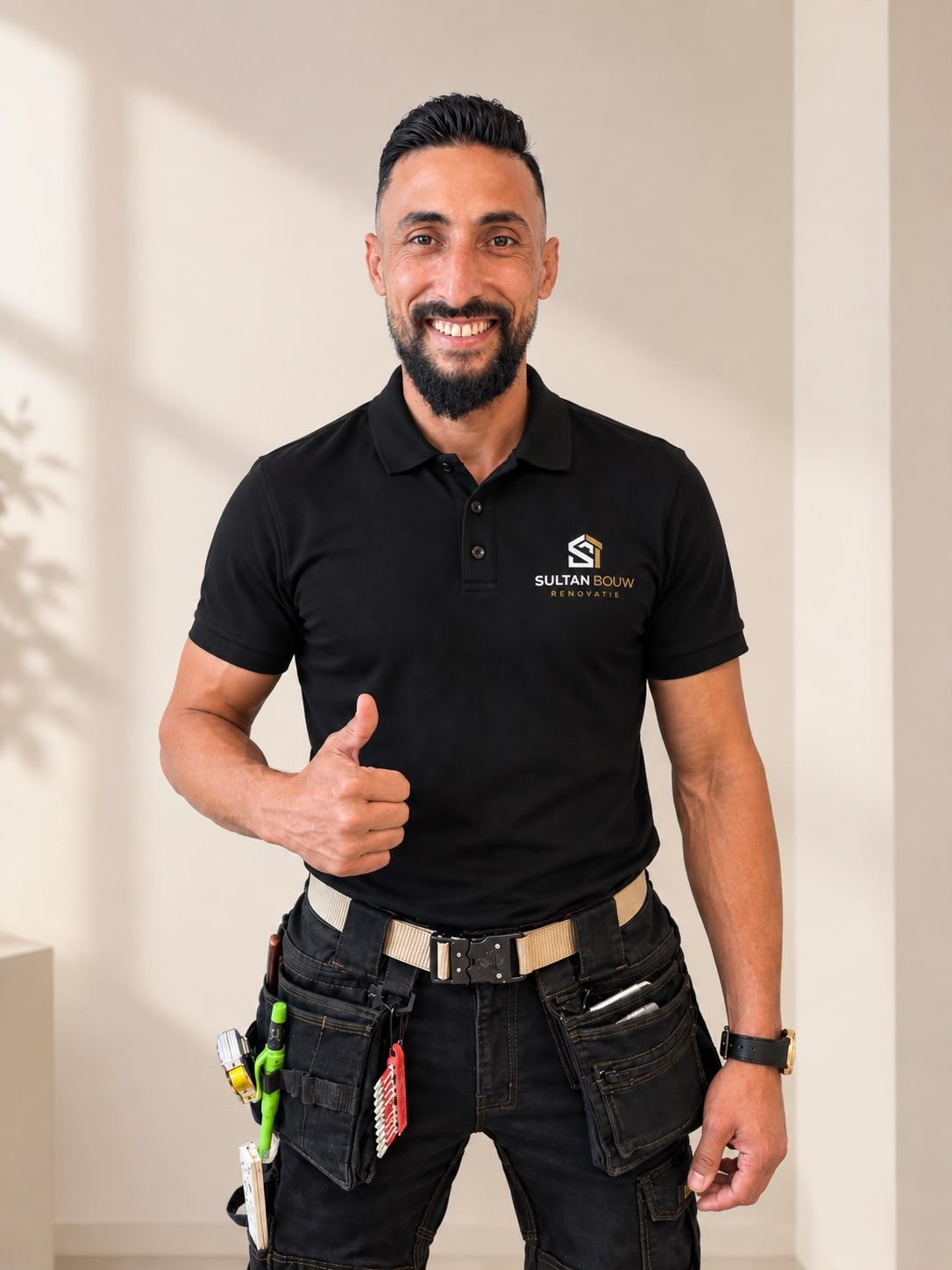 Adel Al Sultan van Sultan Bouw & Renovatie, in bedrijfskleding met gereedschapsriem